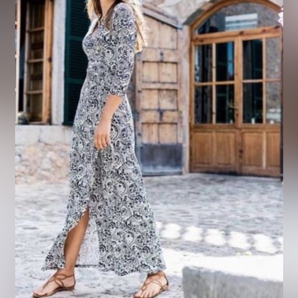 Boden Jersey 3/4 Sleeve Paisley Floral Wrap Maxi Dress Size 4P Navy/ White
